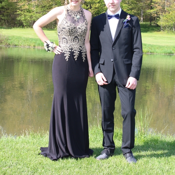 macy's black and gold prom dress